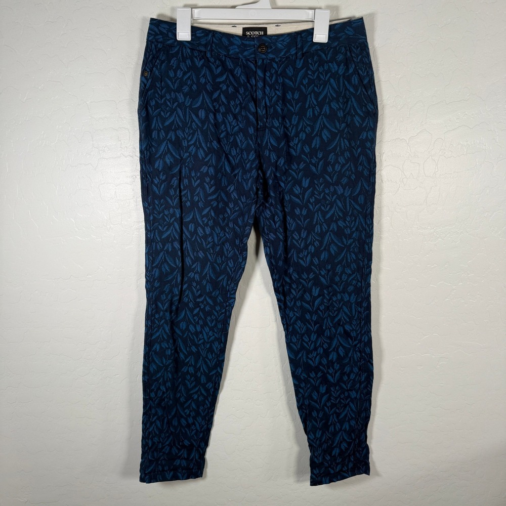 Scotch & Soda Stuart Chino Pants Mens 31x32 Blue Linen Blend Floral Print Casual